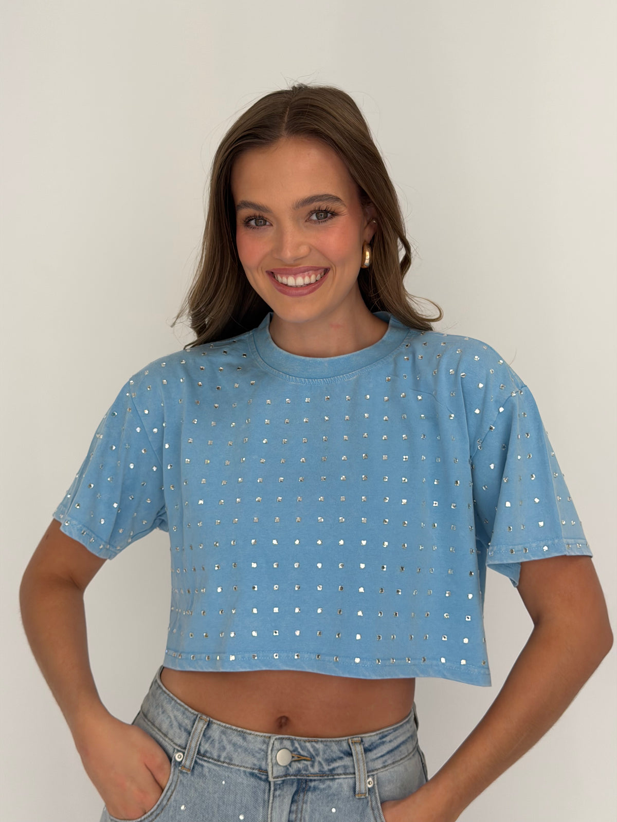 FINAL SALE!! The “Dallas" Cropped Rhinestone Tee in Blue