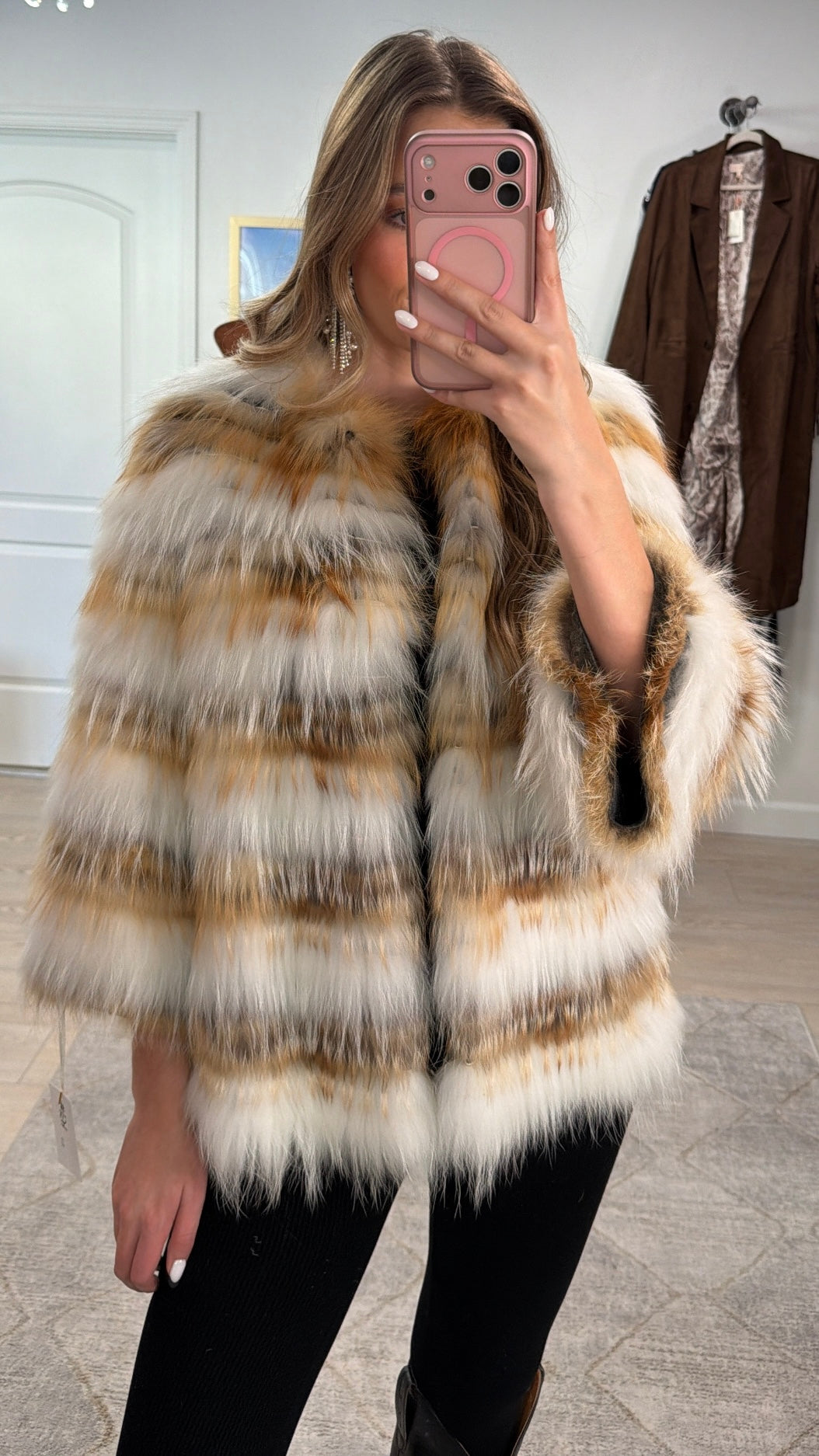 #GB9 Vintage Feathered  Fox Fur 3/4 Sleeve Jacket