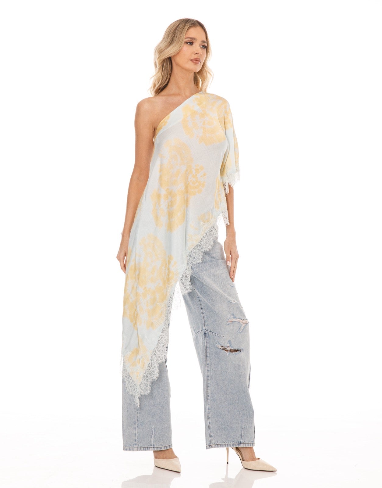 Asymmetric Lace Top in Light Blue Floral