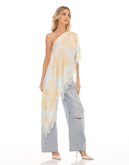 Asymmetric Lace Top in Light Blue Floral