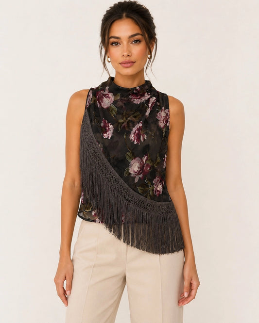 Asymmetric Fringe Sheer Floral Top