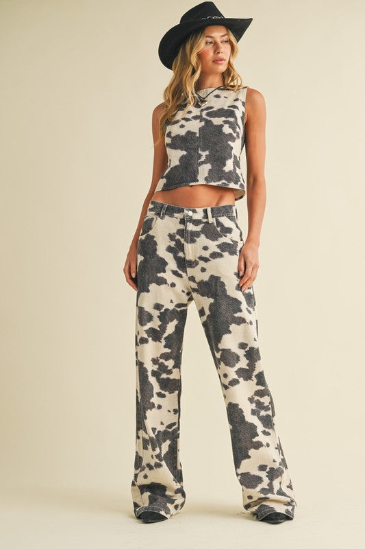 NEW!! Denim Cow Print Two Piece Set