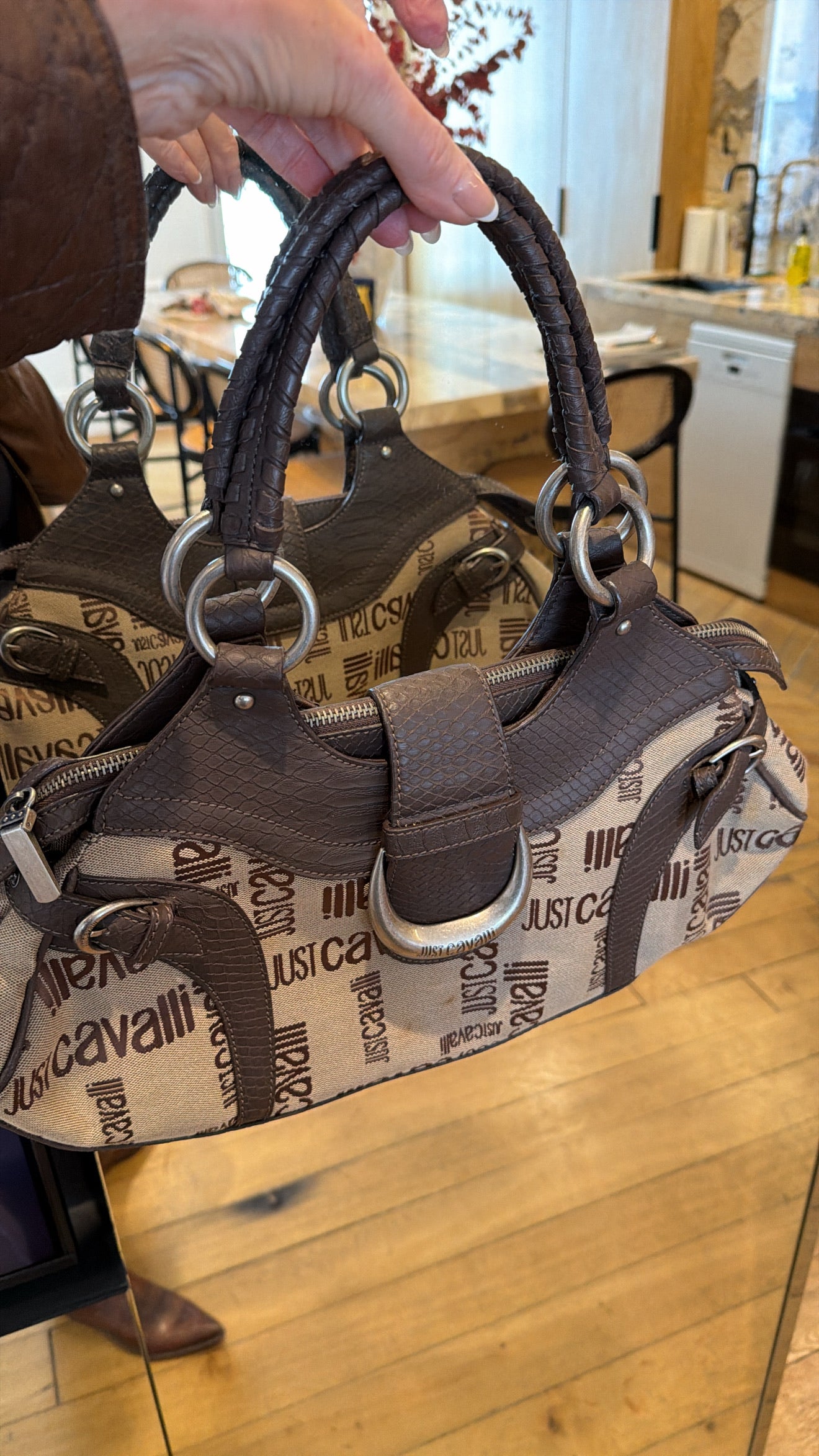 NEW!! Vintage Just Cavalli Brown Leather and Canvas Purse