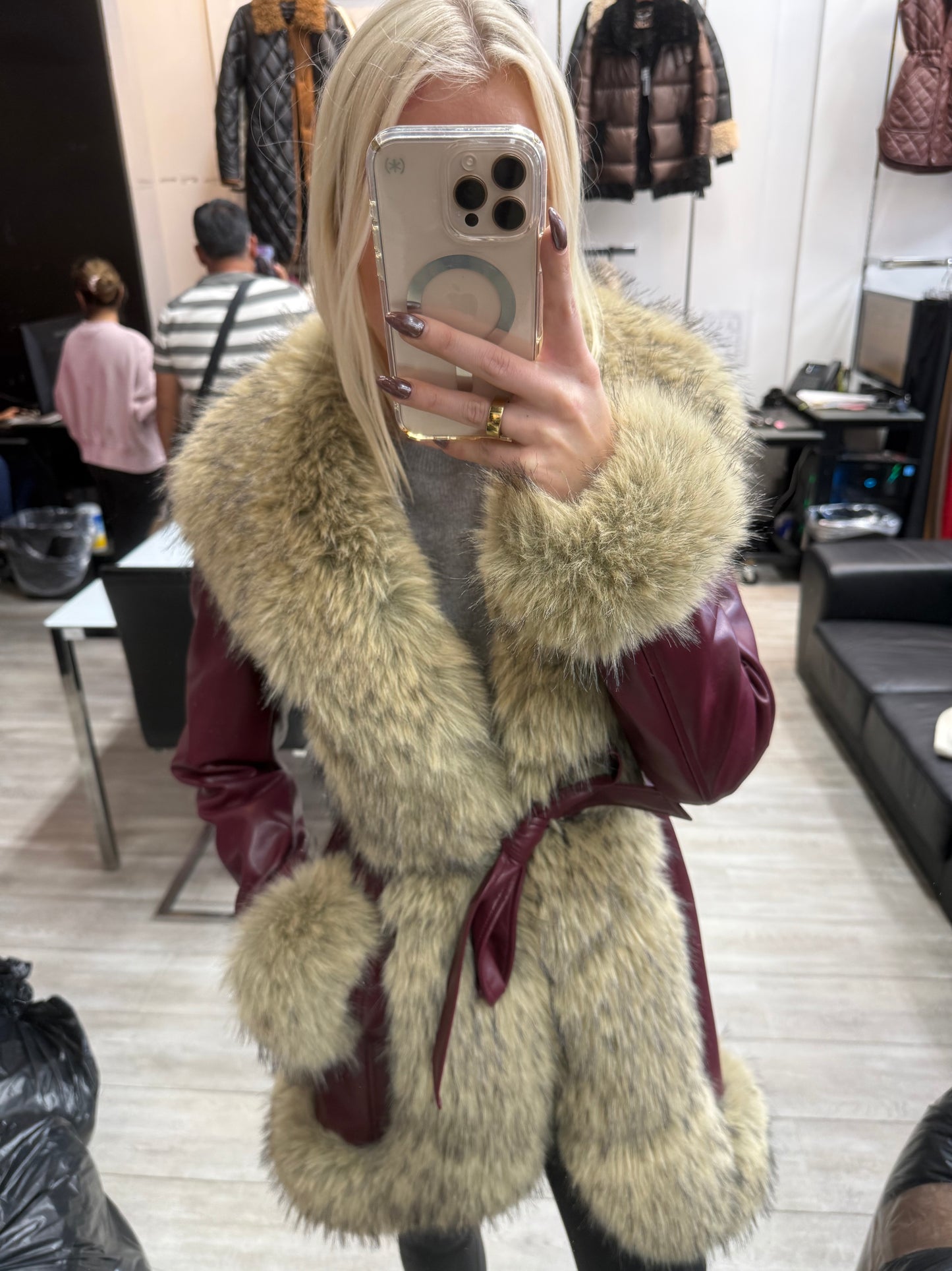 NEW!! "Main Character" Faux Fur Lined Coat in Burgundy