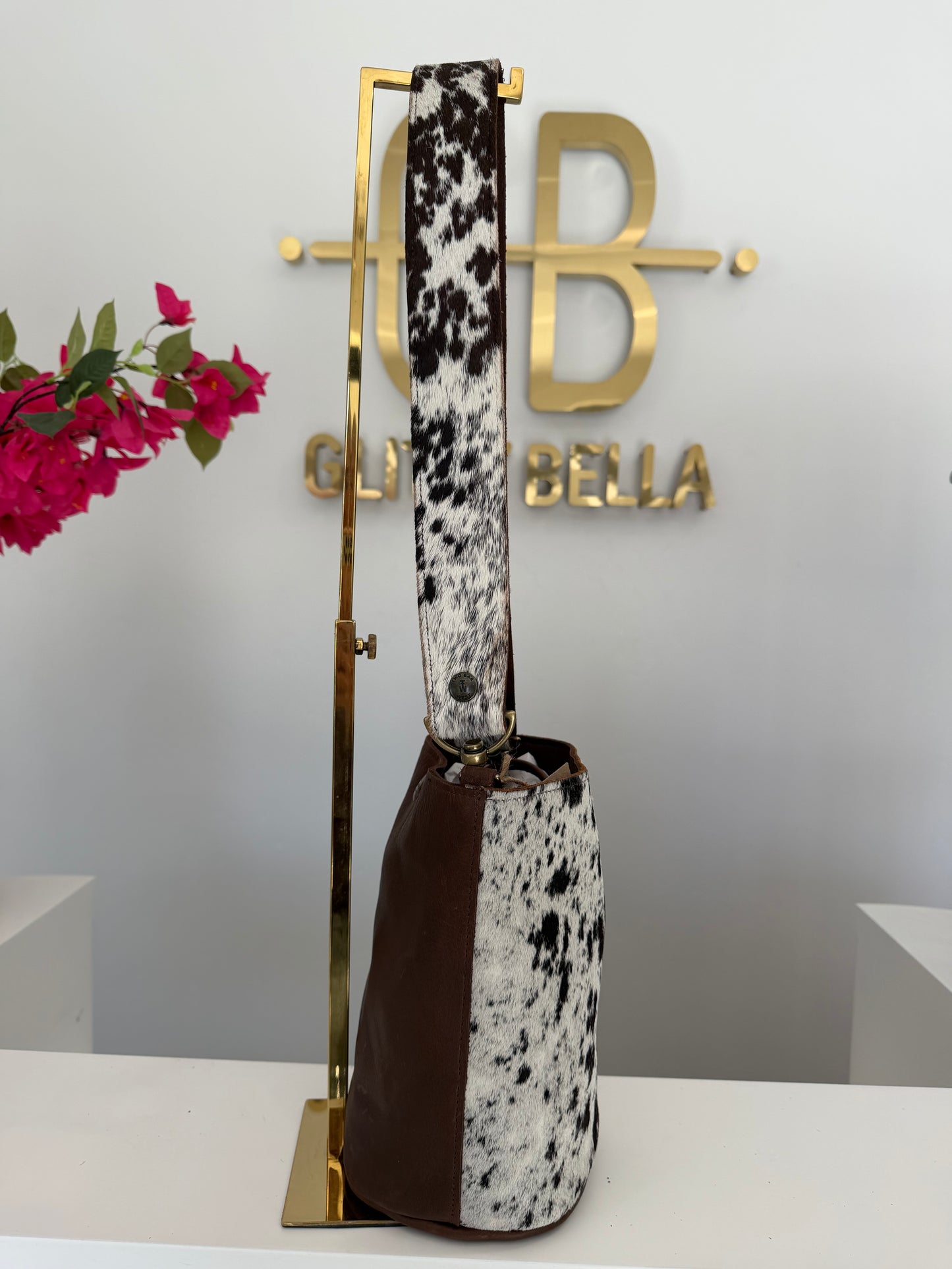 Black and White Cowhide Large Bucket Bag w/ Cowhide Strap