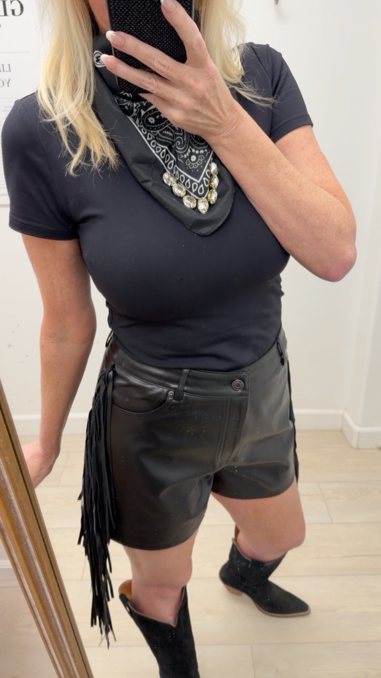 The "Midland" Fringe Faux Leather Shorts in Black