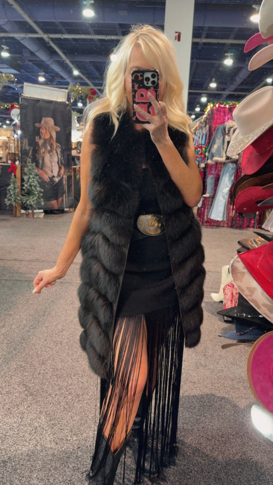 #156 Vintage Dyed Black Fox Vest Size Medium