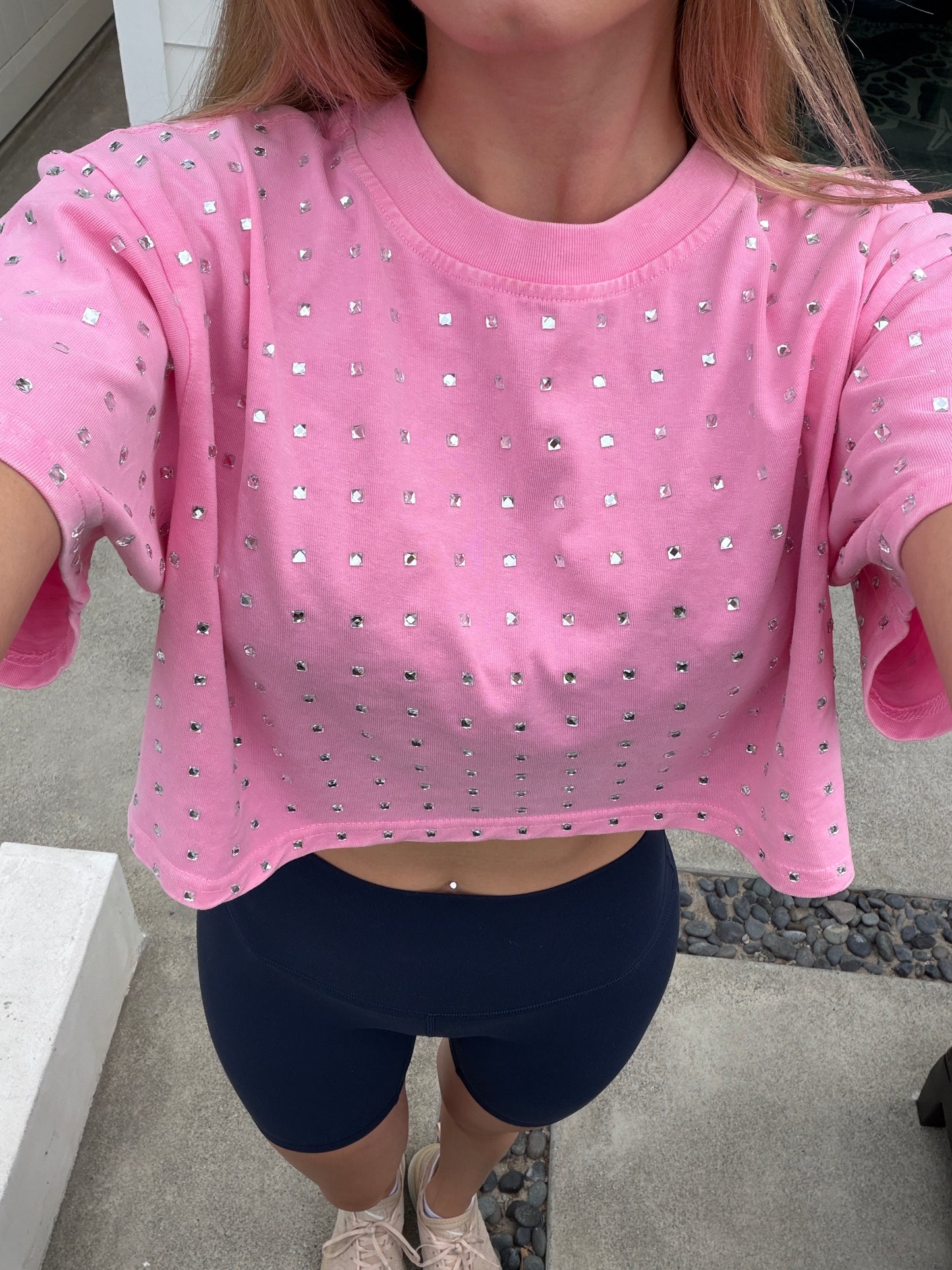 The “Dallas" Cropped Rhinestone Tee in Pink