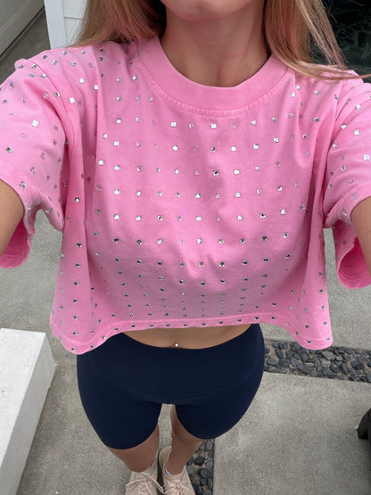 The “Dallas" Cropped Rhinestone Tee in Pink