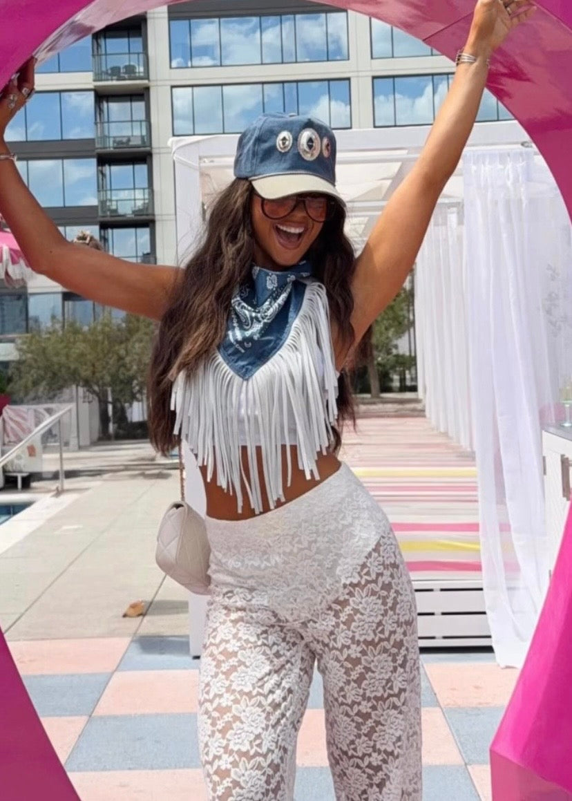 Leather Fringe Bandana in Navy/White
