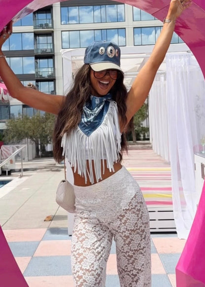 Leather Fringe Bandana in Navy/White