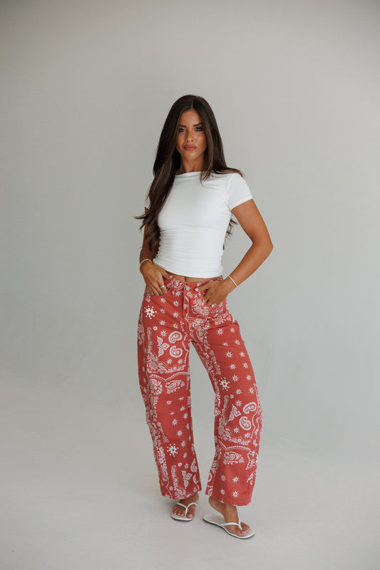 Bandana Print Barrel Leg Pants in Red