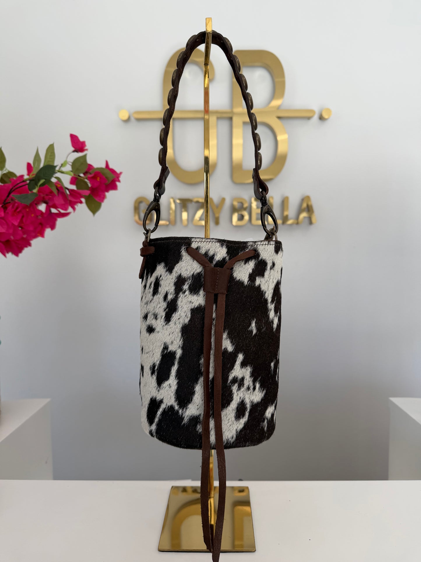 Brown and White Cowhide Bucket Bag Medium Drawstring w/ Studded Strap