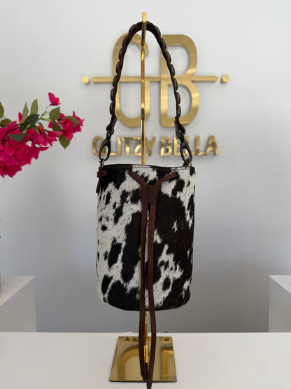 Brown and White Cowhide Bucket Bag Medium Drawstring w/ Studded Strap