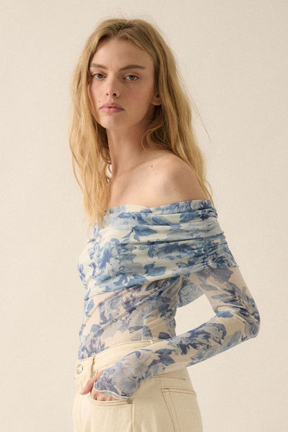 NEW!! Blue Rose Mesh Off the Shoulder Bodysuit