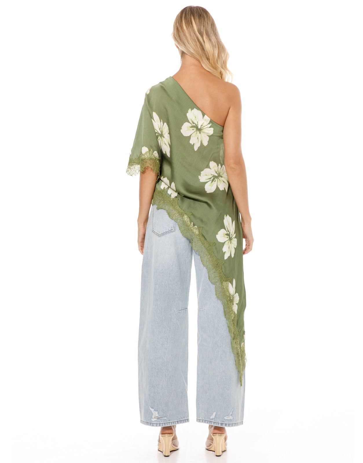 Asymmetric Lace Top in Green Floral