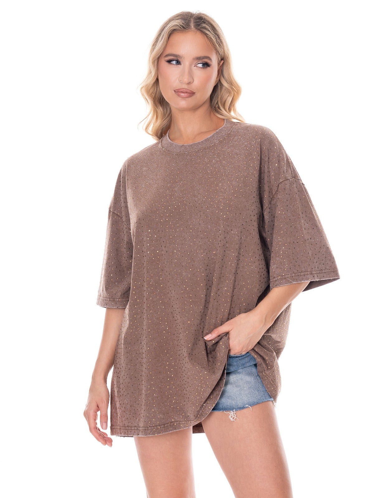 NEW!! "Brooklyn" Acid Wash Rhinestone Tee in Brown