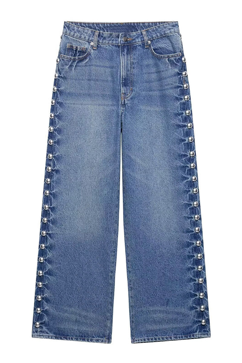High Rise Wide Leg Studded Jeans