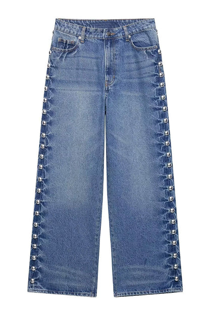 High Rise Wide Leg Studded Jeans