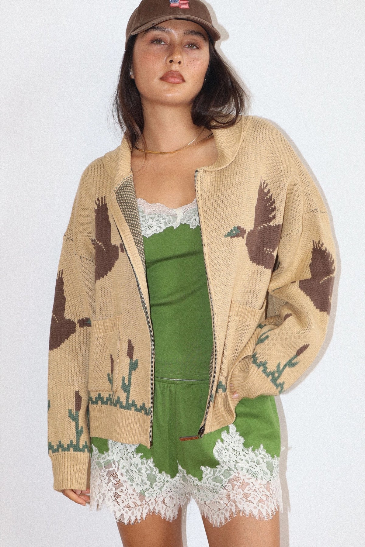 Duck Knit Cardigan in Tan