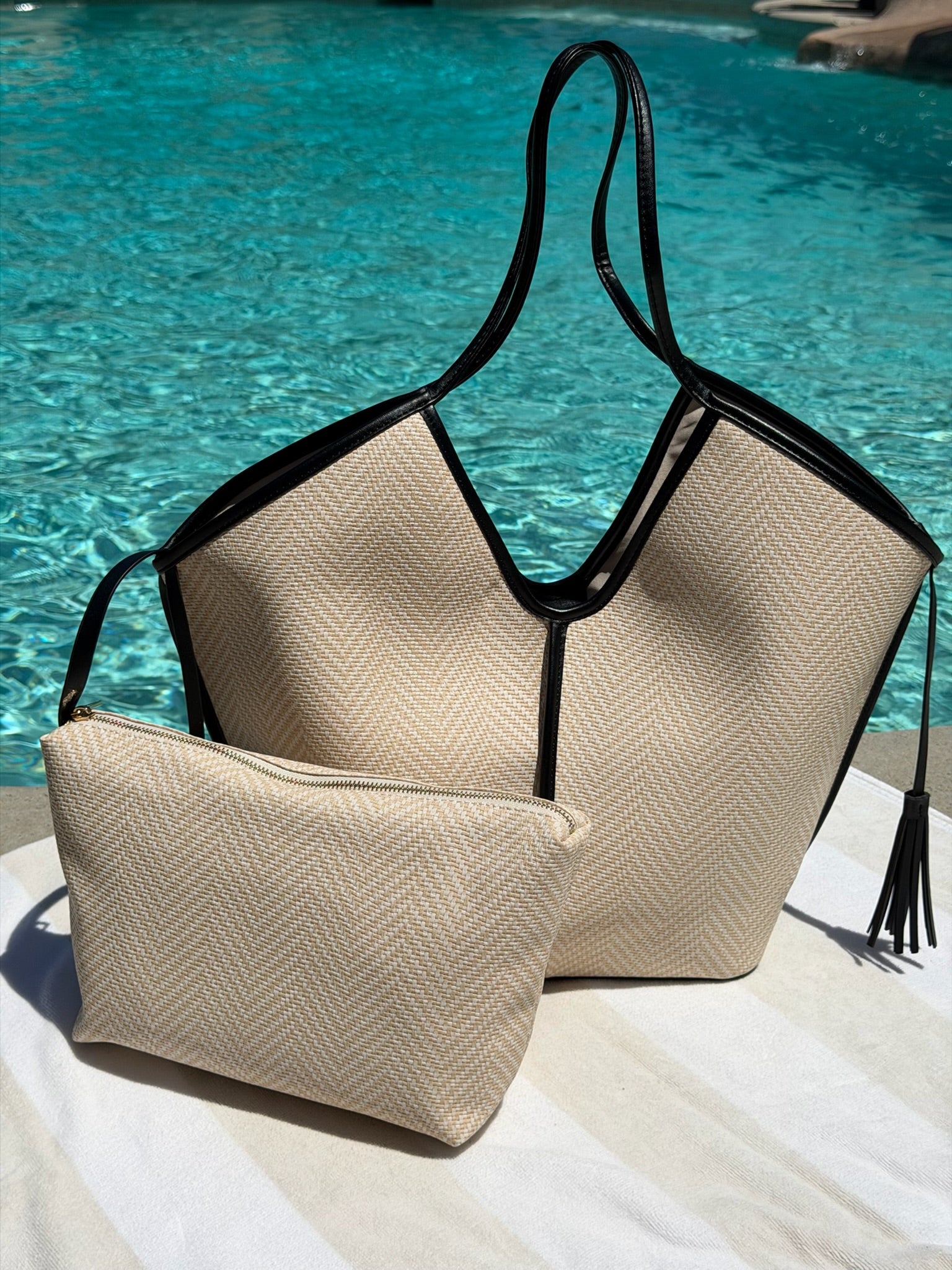 "Malibu Sky" Leather Trim Tote Bag