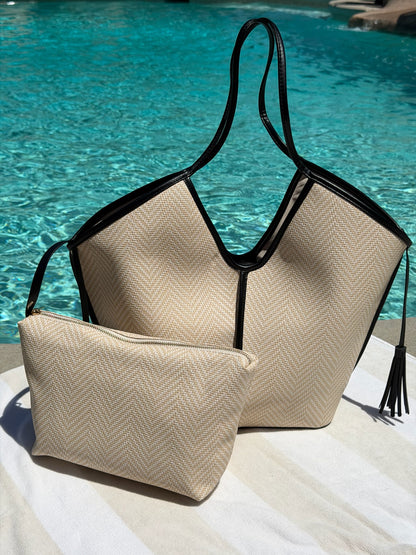 "Malibu Sky" Leather Trim Tote Bag
