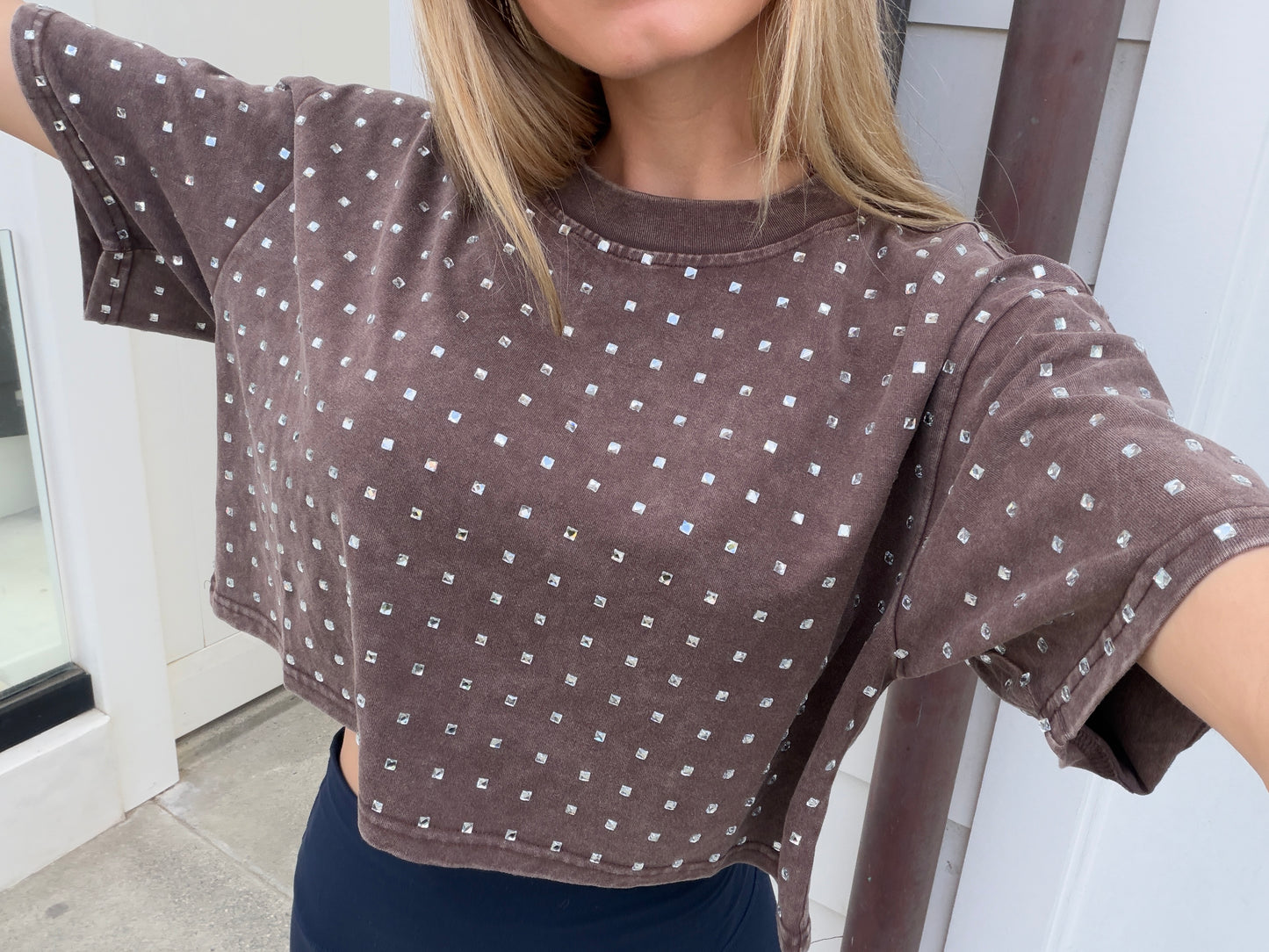 The “Dallas" Cropped Rhinestone Tee in Brown