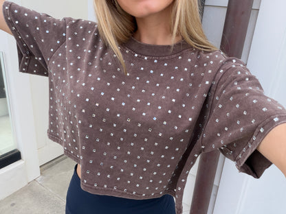 The “Dallas" Cropped Rhinestone Tee in Brown