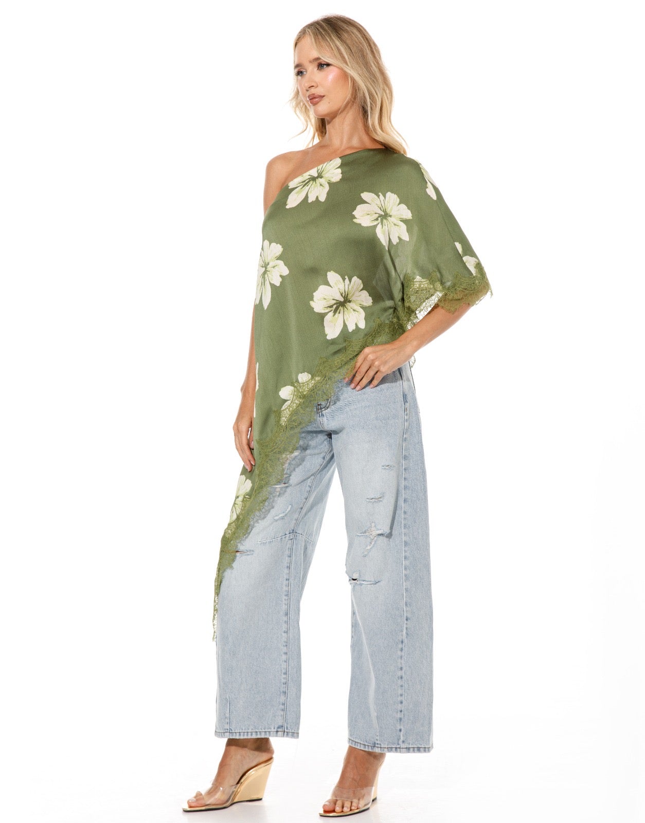 Asymmetric Lace Top in Green Floral