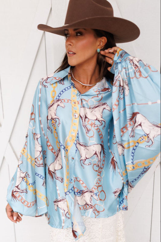 BEST SELLER!! Horseprint Satin Top in Blue