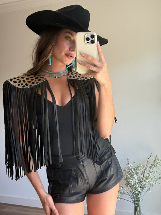 Cowhide Fringe Shawl in Leopard
