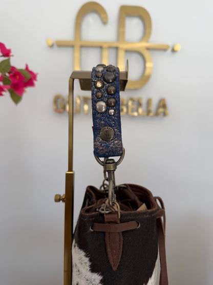 Brown and White Cowhide Bucket Bag Small Drawstring w/ Purple Strap