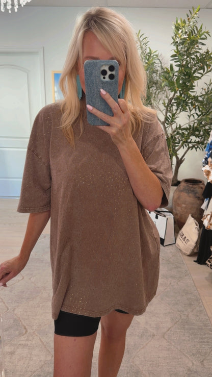 NEW!! "Brooklyn" Acid Wash Rhinestone Tee in Brown