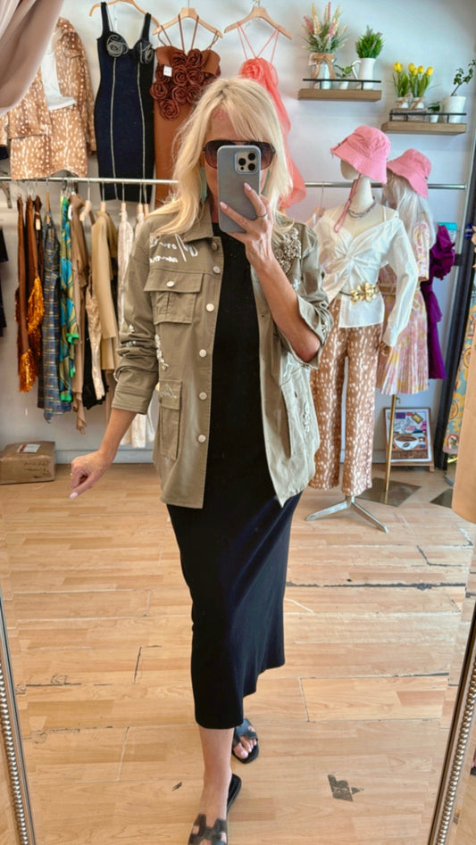 NEW!! Olive Shacket with Crystal Embellishment