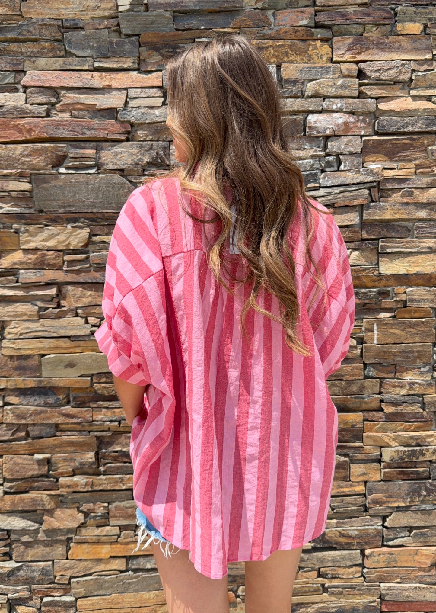 Striped Button Down Top in Pink