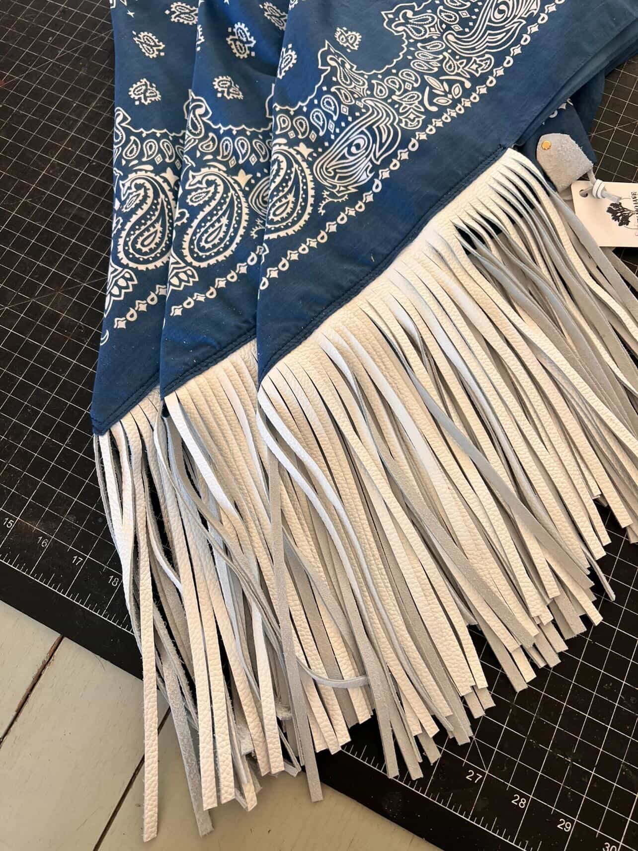 Leather Fringe Bandana in Navy/White