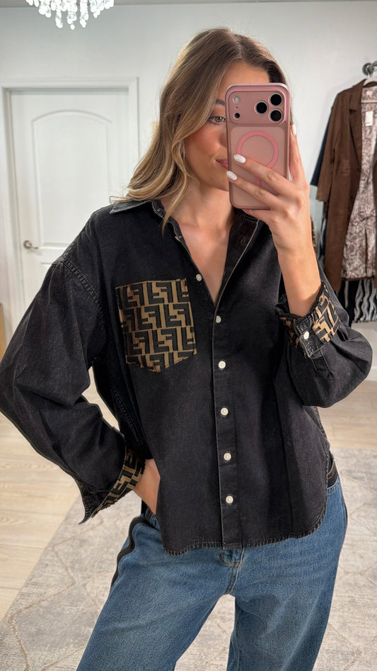 LIMITED EDITION!!  Designer Repurposed Denim Shirt w/ Designer Scarf Pocket & Cuff