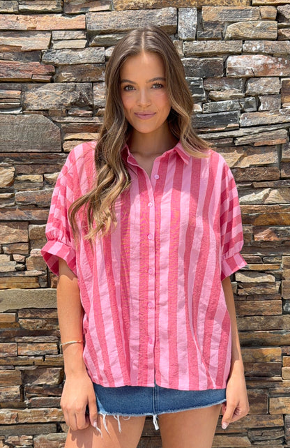 Striped Button Down Top in Pink