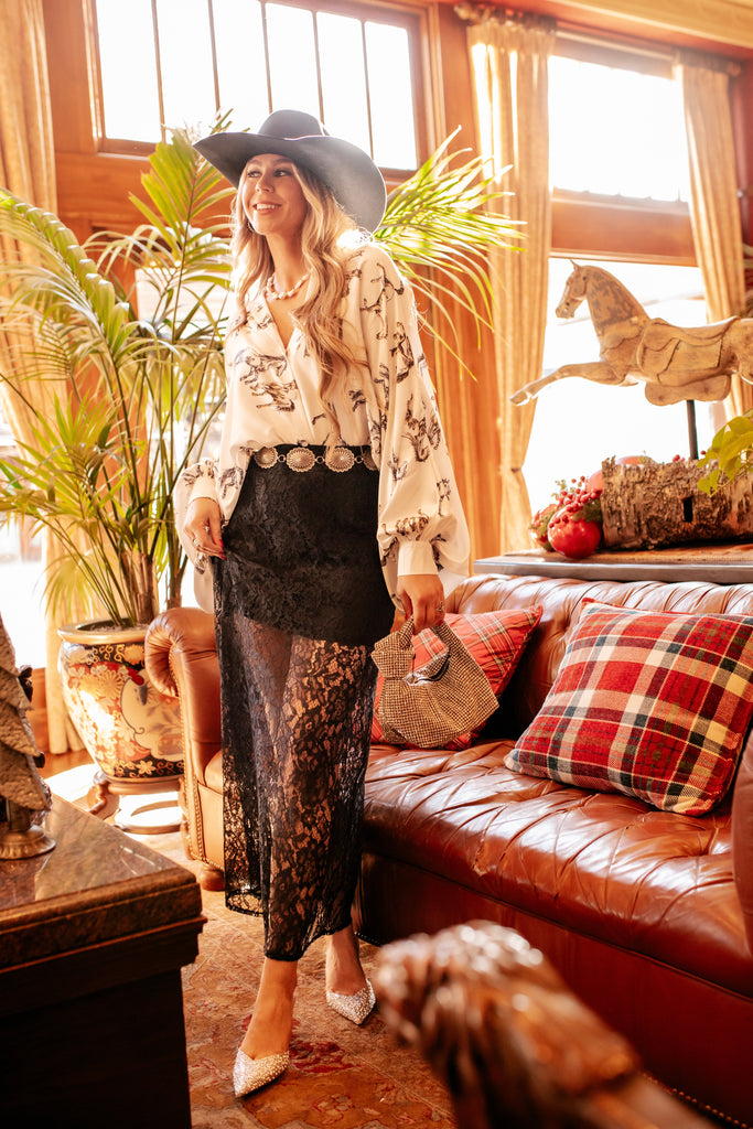 AS SEEN ON WEST DESPERADO!! The Lainey Black Lace Maxi Skirt w/ Liner