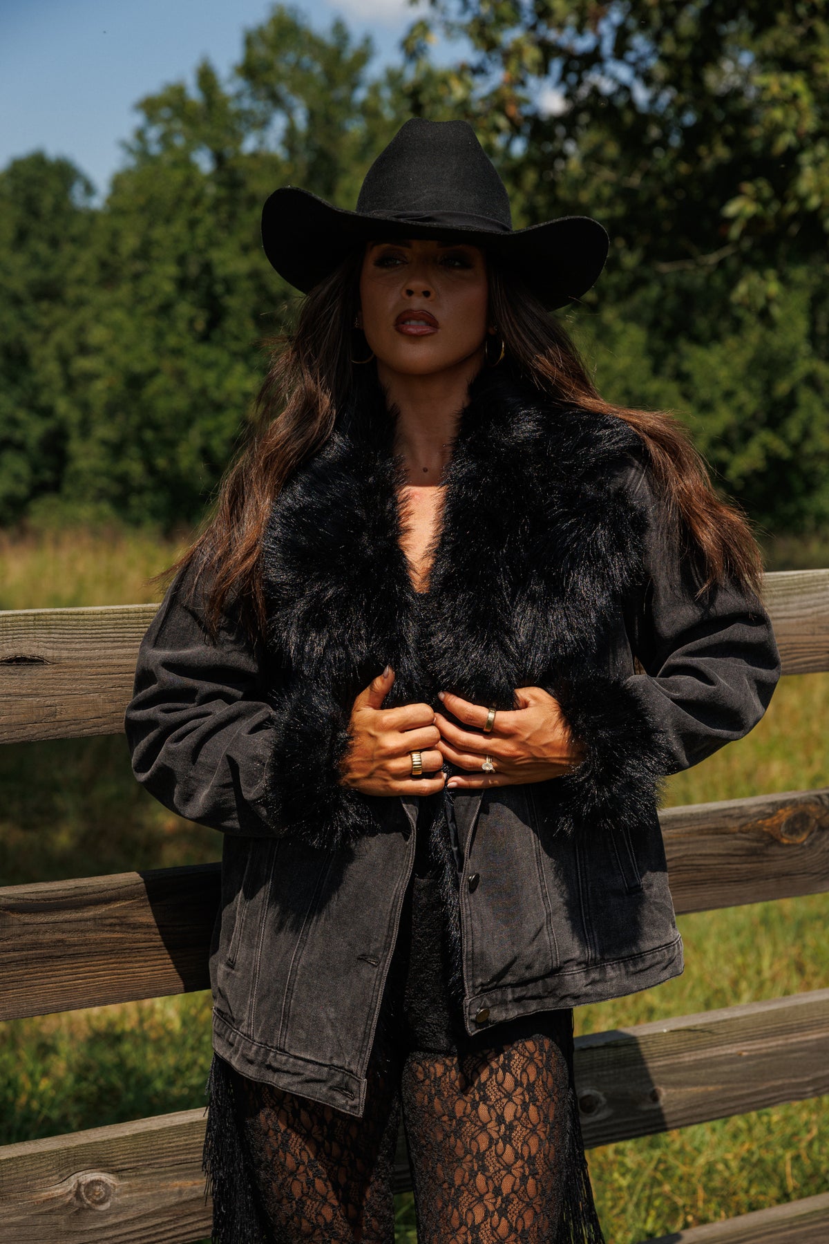 Penny Faux Fur Denim Jacket in Black
