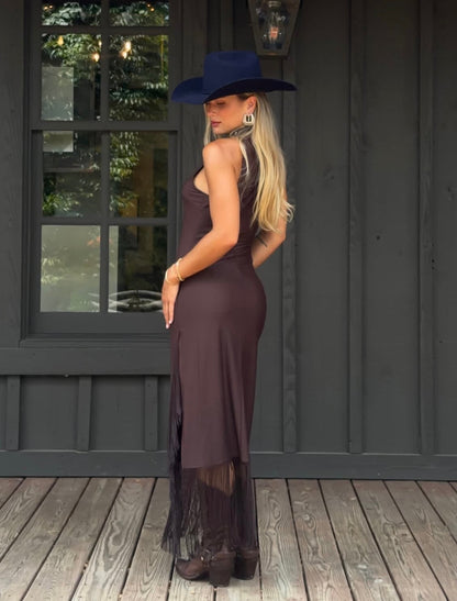 Houston Fringe Midi Dress in Brown