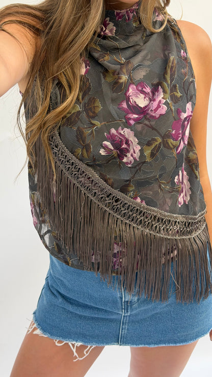 Asymmetric Fringe Sheer Floral Top