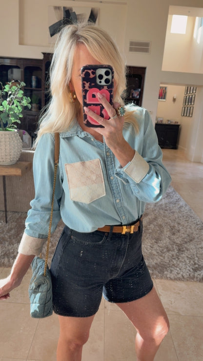 LIMITED EDITION!! Designer Repurposed Denim Shirt w/ Designer Beige Scarf