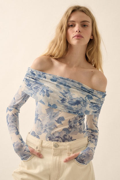 NEW!! Blue Rose Mesh Off the Shoulder Bodysuit