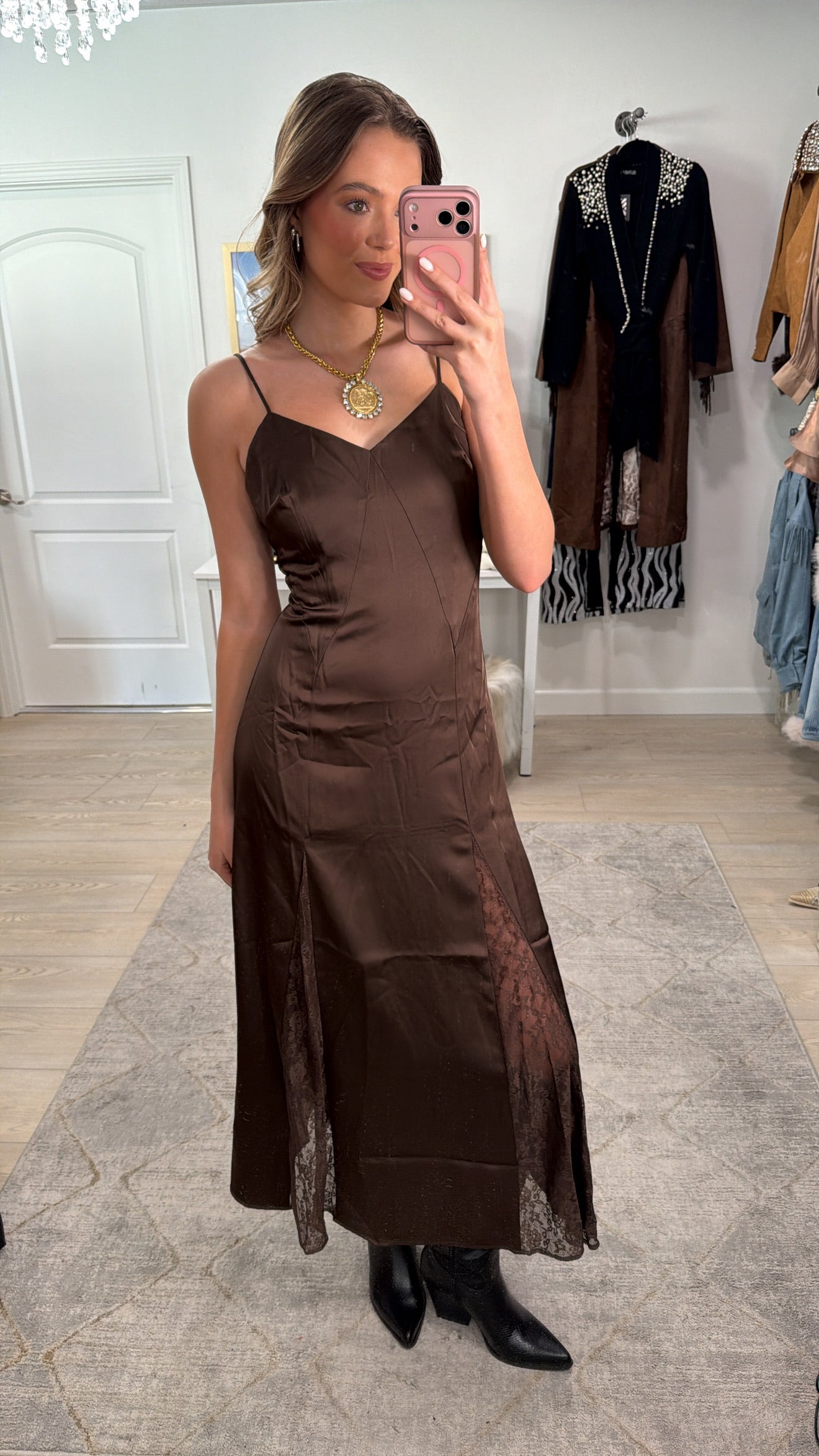 FINAL SALE!! "Wrene" Chocolate Satin Maxi Dress