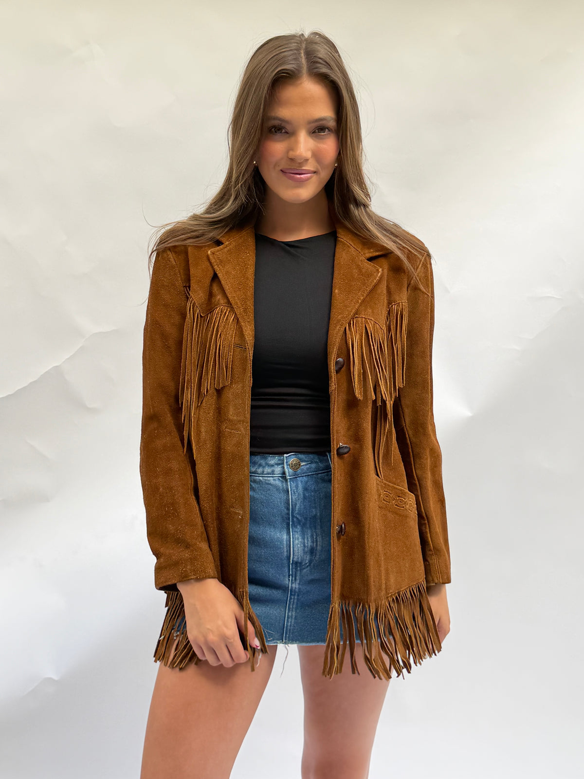 Vintage Dark Camel Suede Fringe Jacket Size Xlarge (16)