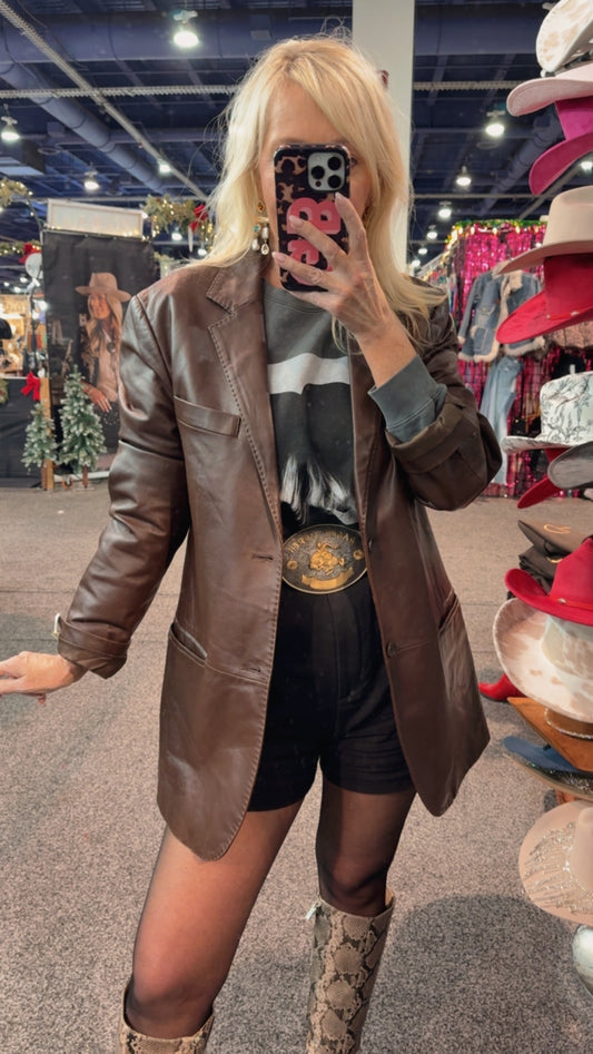 NEW!! Vintage Balmain Brown Leather Blazer Size Large