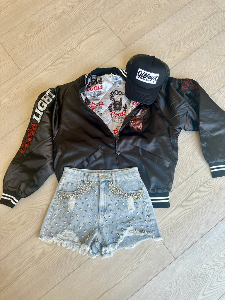 LICENSED!! "Coors Light" Official Nylon Bomber Jacket in Black Satin