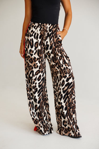 Leopard Straight Leg Pants With Red Stripes