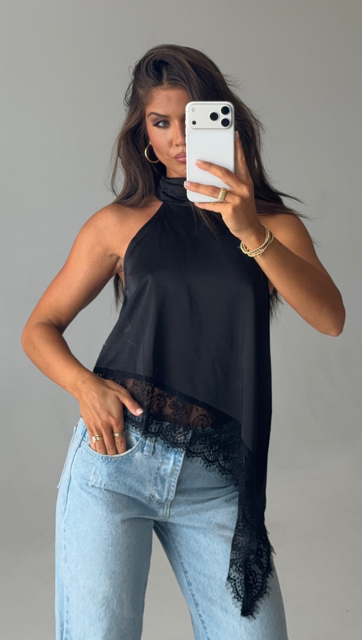 Asymmetric Lace Halter Top in Black